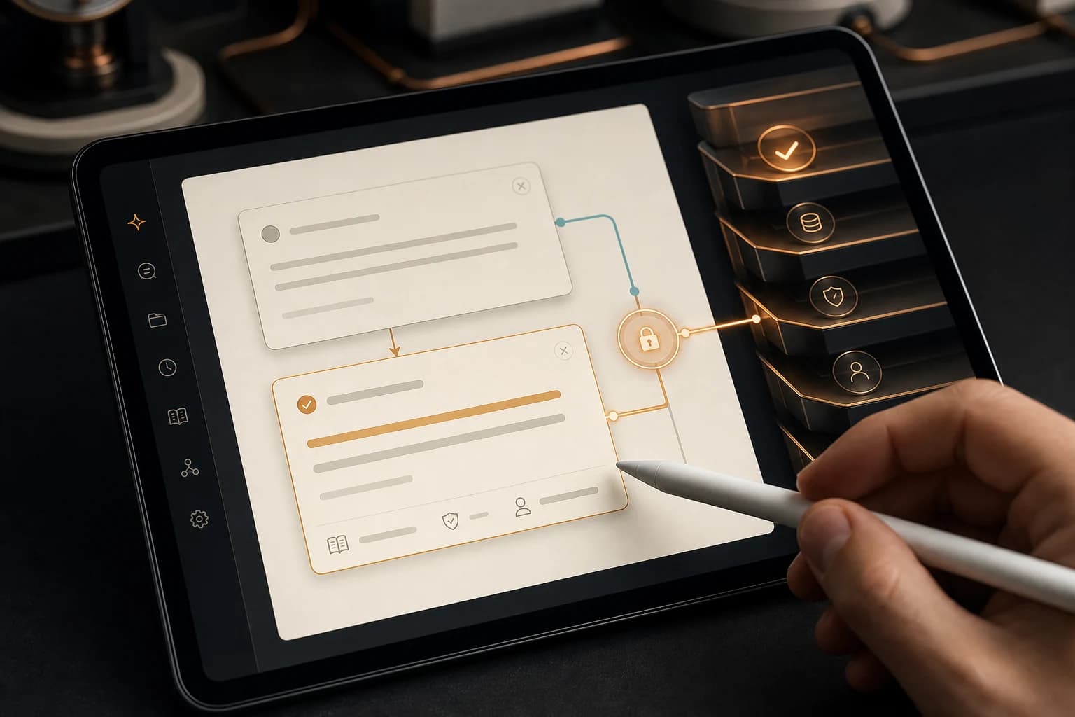 Conceptual close-up of a human expert correcting a system statement before it enters governed organizational memory