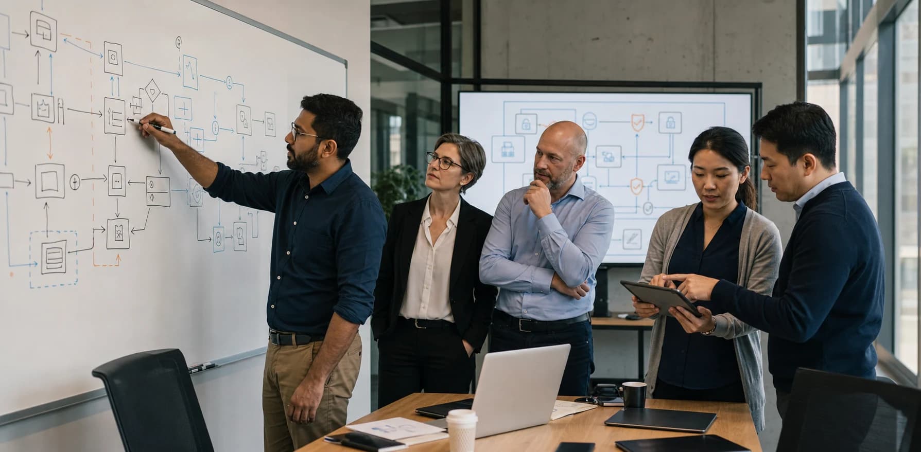Conceptual cross-functional team reviewing workflow architecture on a whiteboard, tablet, and shared display