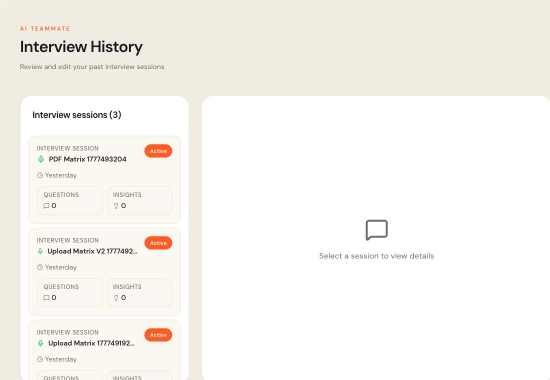 Sparks Alpha Interview History showing three active validation sessions and an empty details pane.