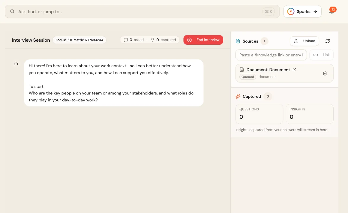 Sparks Alpha Teach Me interview at its starting state, with one queued document source and zero captured questions or insights.